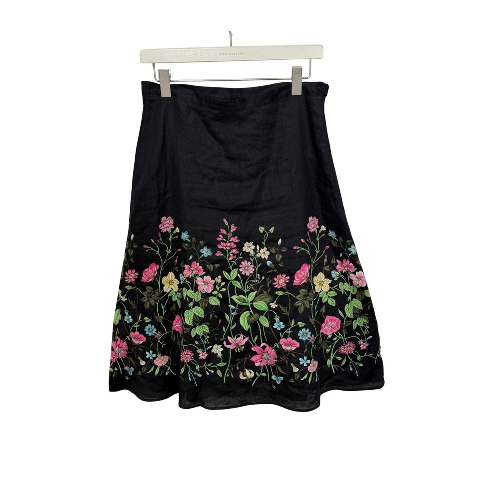Silk Land Floral Linen Skirt Womens 6 Black Embroidered Print A-Line Midi